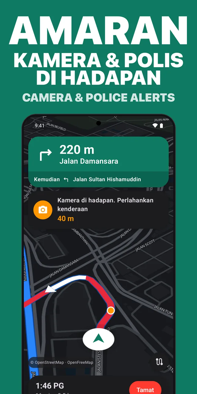 Arah navigation with a camera alert ahead