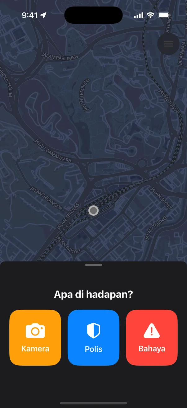Menu laporan dengan butang Kamera, Polis dan Bahaya